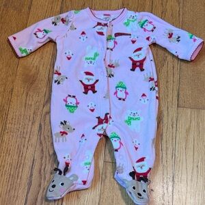 “My first Christmas” Pink Santa and Reindeer Footie fleece one piece, 0-3 months